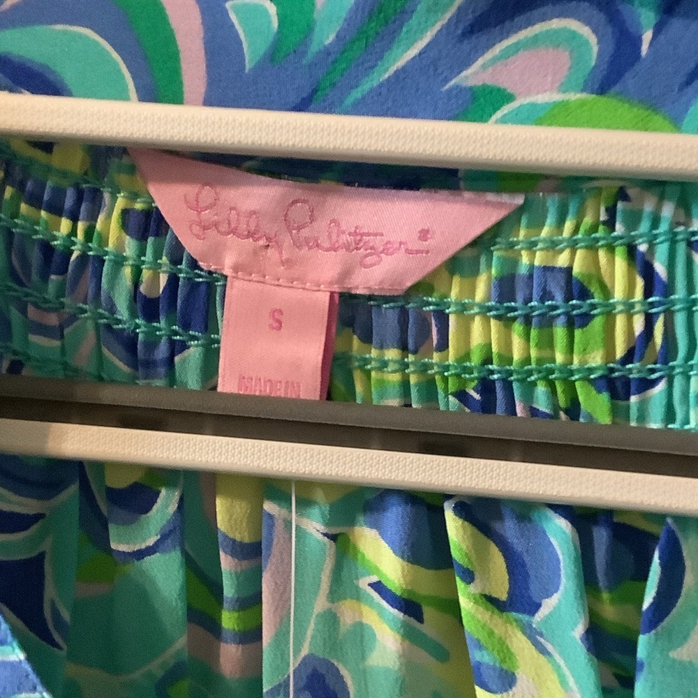 Lilly Pulitzer Swirl Print Blouse in Blue and Green, Elsa Top, Lilly’s Lagoon, S - Picture 2 of 7
